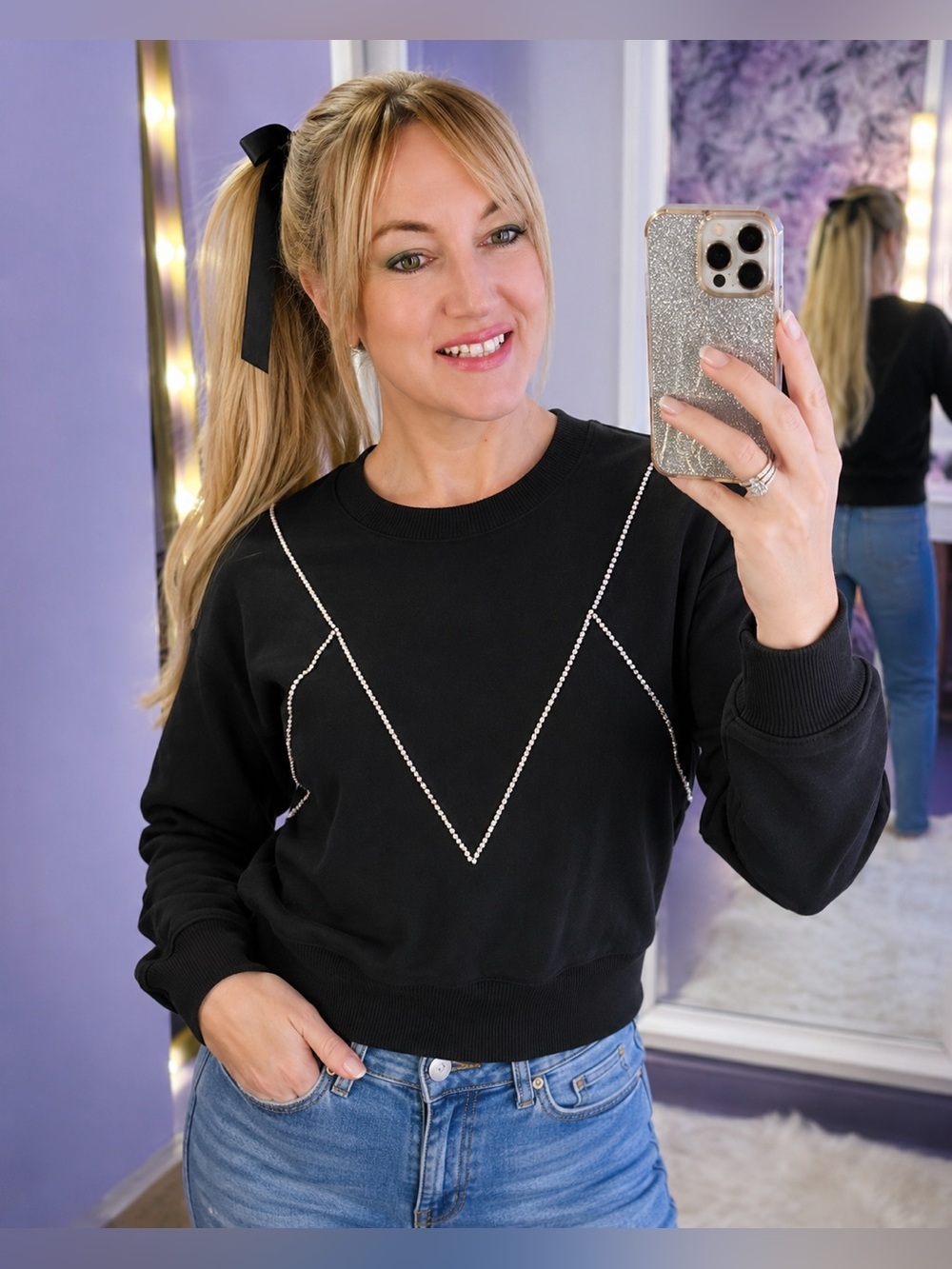 Express Black Rhinestone Trim Sweatshirt XS NWT Glam Crewneck Pullover